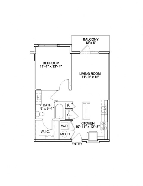 Floor plan for 1 bed, 1 bath, 702 sqft